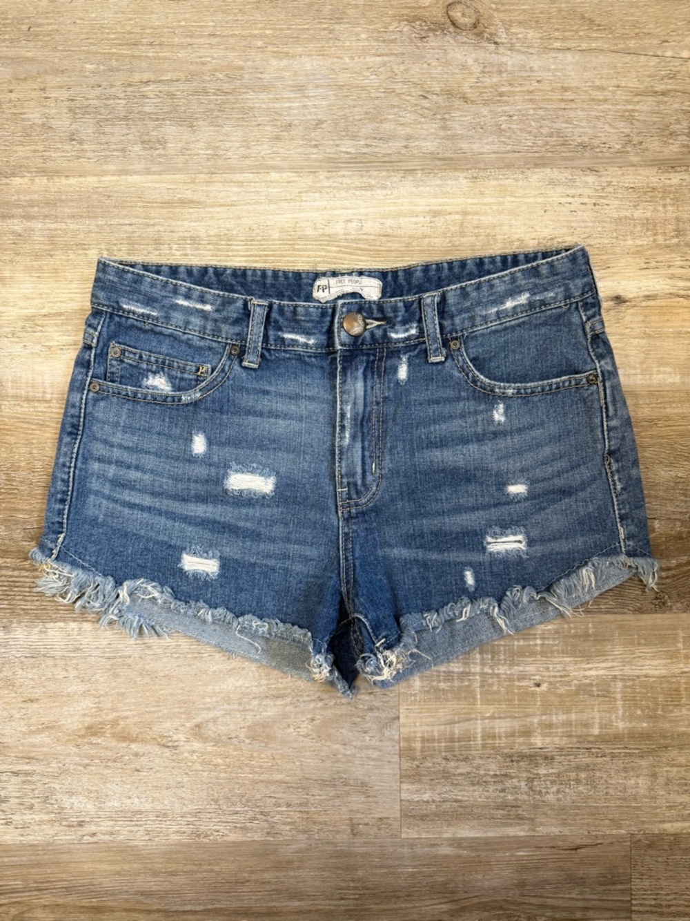 Free People Medium Blue Distressed Denim Cutoff Shorts